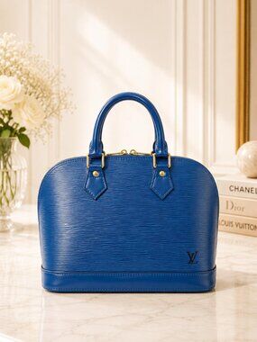 Authentic Louis Vuitton Alma PM Epi Leather Blue Handbag Satchel Bag